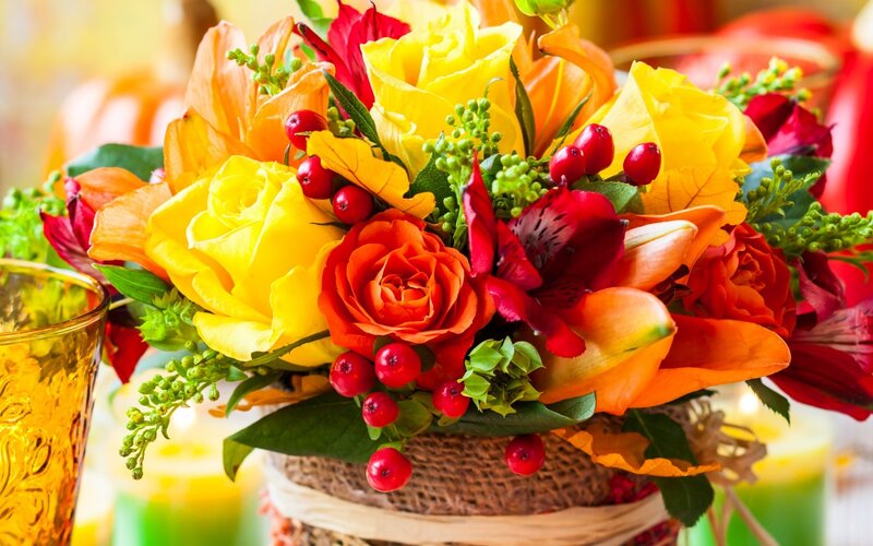 Autumn Flower Arrangement — Yellow, Warm, Photograph, Roses