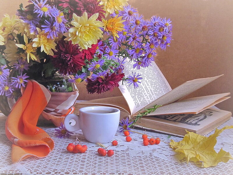 Autumn Flowers and Book