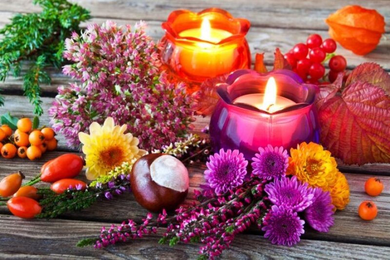 Autumn Flowers and Candles — Purple