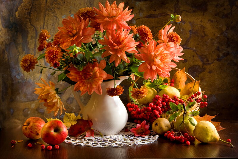 Autumn Flowers and Fruit — Orange, Dramatic, Photograph