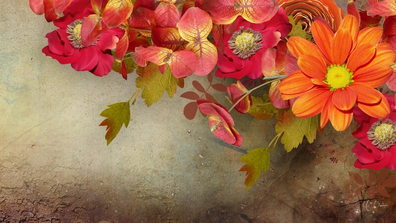 Autumn Flowers and Leaves — Red, Warm, Digital Art