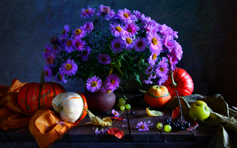 Autumn Flowers and Pumpkins — Purple