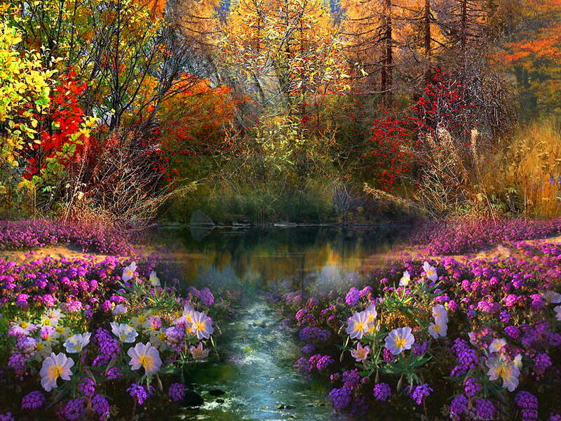 Autumn Flowers by Stream — Purple, Serene