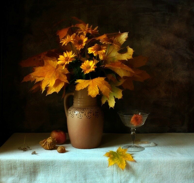Autumn Flowers in a Vase — Yellow, Dramatic