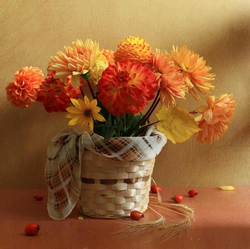 Autumn Flowers in Basket — Orange, Calm