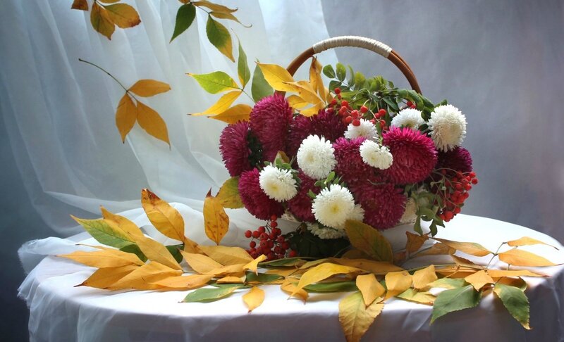 Autumn Flowers in Basket — White