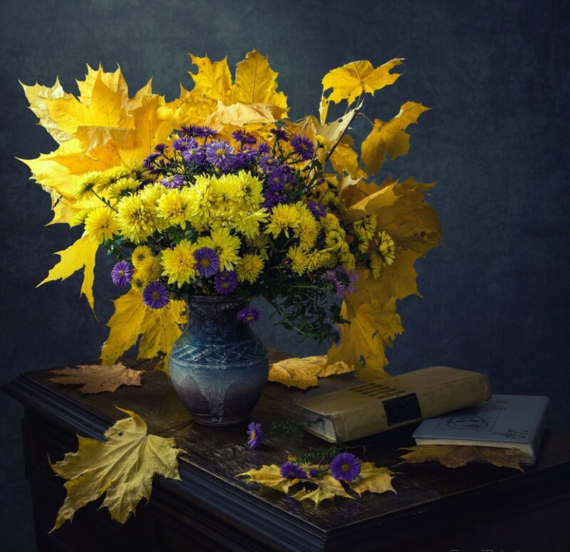 Autumn Flowers in Vase — Yellow, Dramatic
