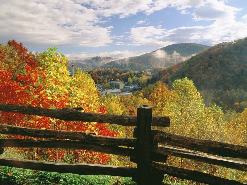 Autumn Foliage in Valley — Red, Serene, Photograph, Fence