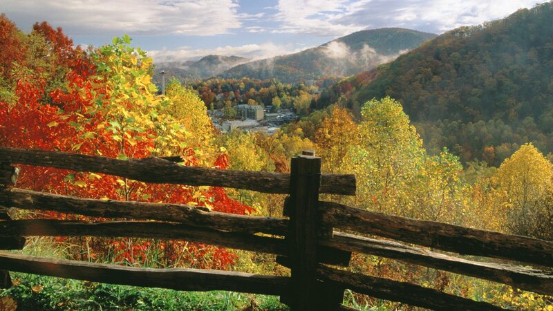 Autumn Foliage in Valley — Red, Serene, Photograph, Fence, Trees
