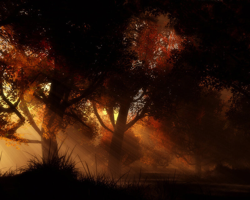 Autumn Forest at Sunrise — Orange, Serene, Digital Art