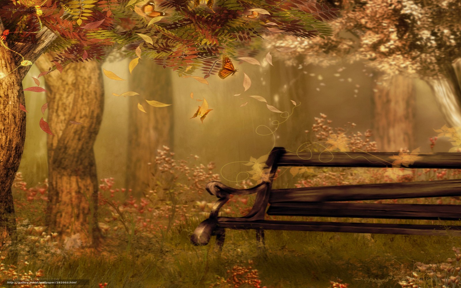 Autumn forest bench scene