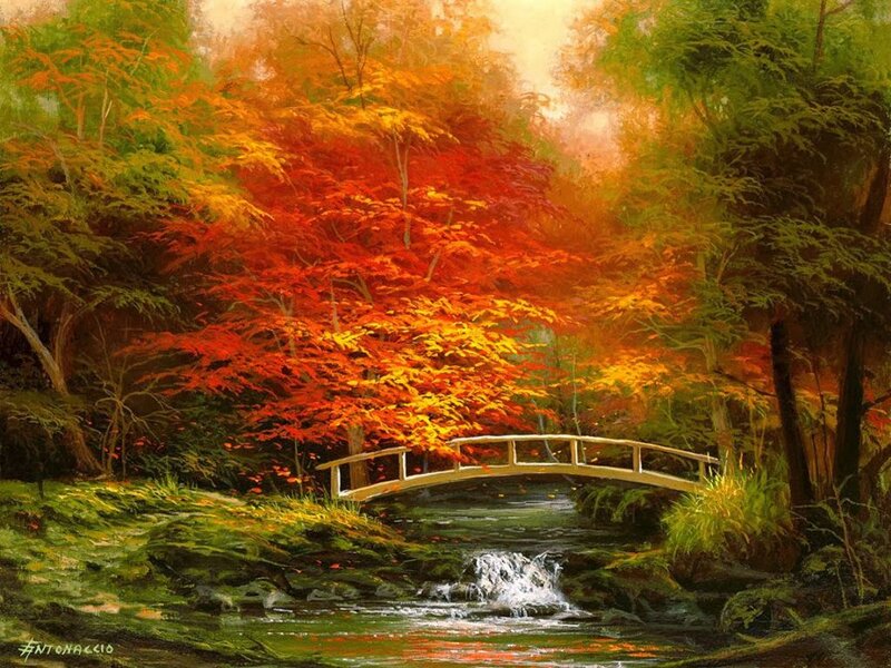 Autumn Forest Bridge — Red