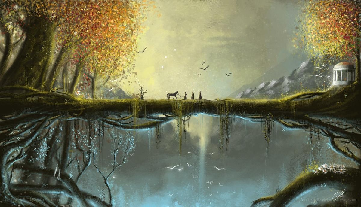 Autumn forest bridge scene