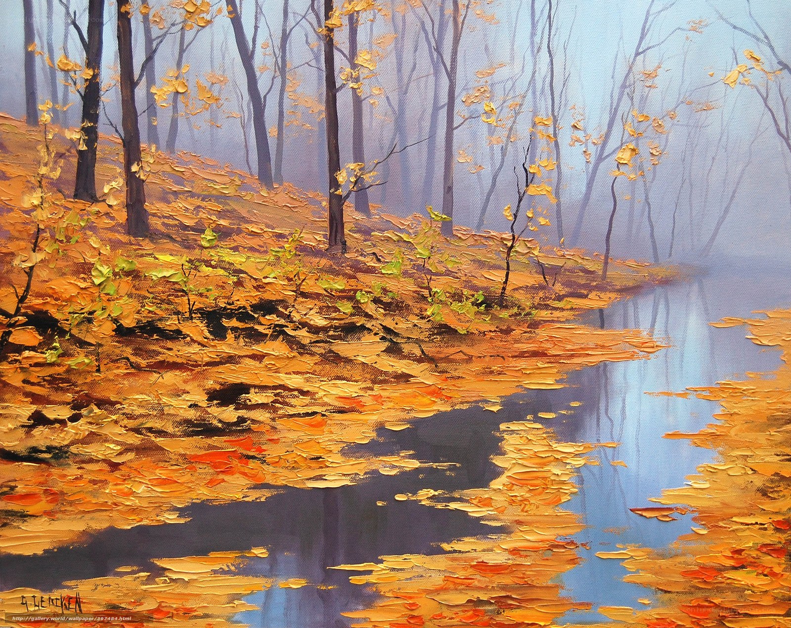 Autumn forest by a misty lake