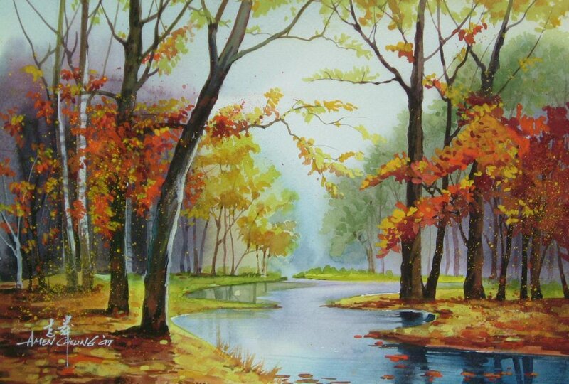 Autumn forest by a river