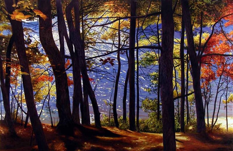 Autumn Forest by Lake — Blue, Serene, Painting