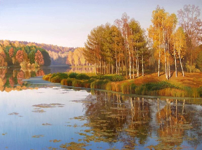 Autumn Forest by Lake — Blue, Serene