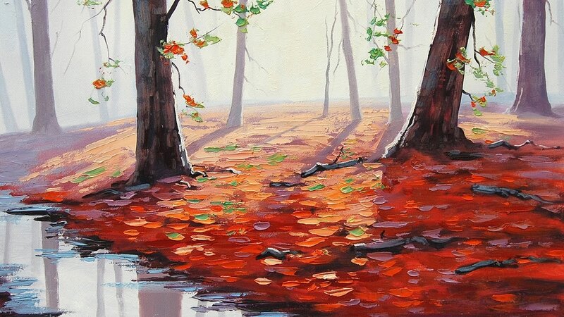 Autumn Forest Floor — Red, Serene, Painting