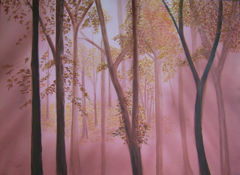 Autumn forest in pink mist