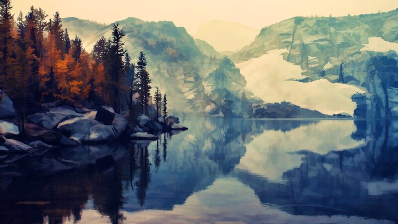 Autumn Forest Lake — Blue, Serene, Digital Art