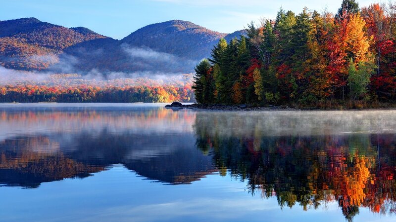 Autumn Forest Lake — Blue, Serene, Morning, Photograph, Mountains, Mist