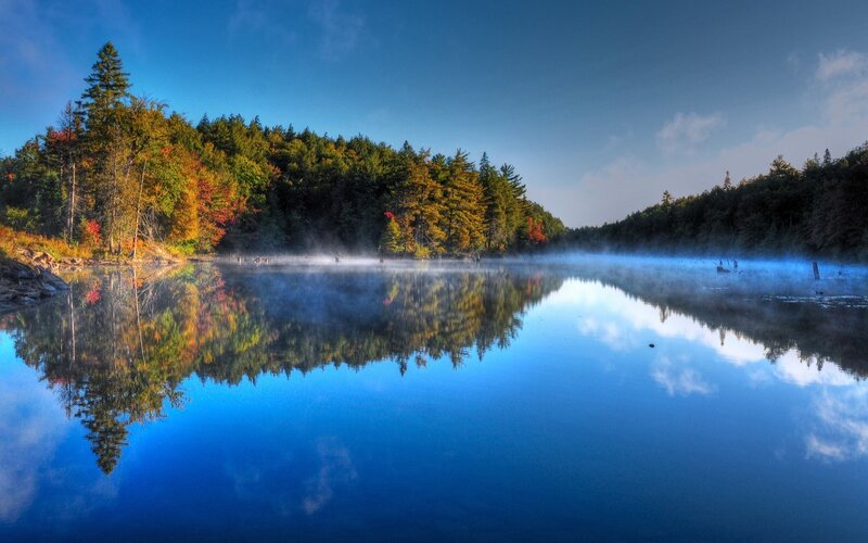Autumn Forest Lake — Blue, Serene, Morning, Photograph, Trees, Mist, Reflection, Sky