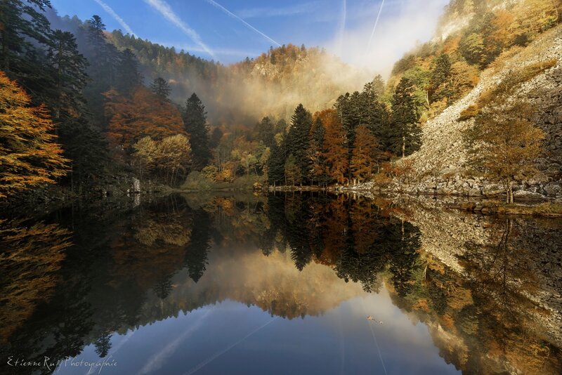 Autumn Forest Lake — Blue, Serene, Morning, Photograph, Trees, Mountain