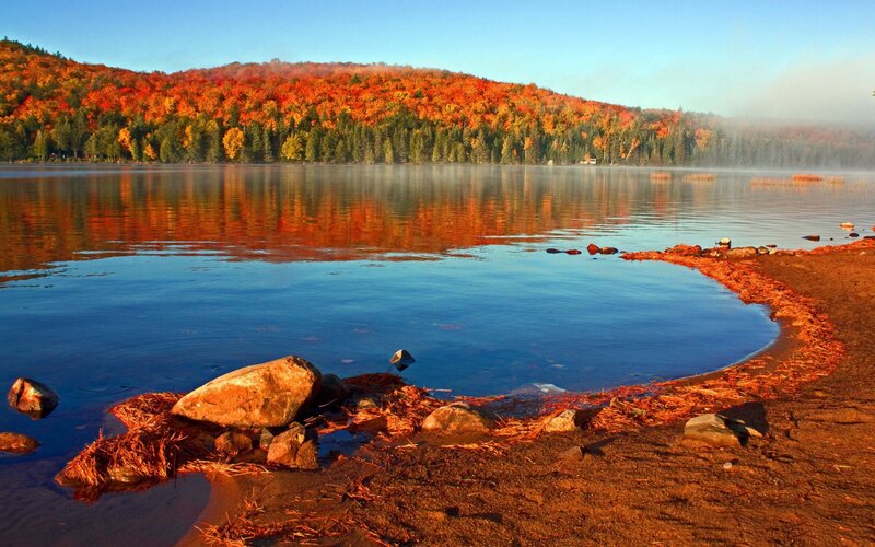 Autumn Forest Lake — Blue, Serene, Morning, Photograph, Trees, Rocks