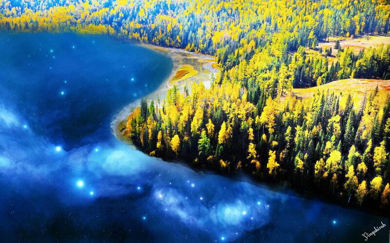 Autumn Forest Lake — Blue, Serene, Night