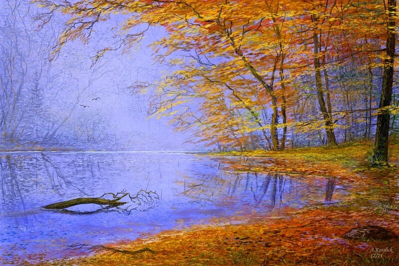 Autumn Forest Lake — Blue, Serene, Painting