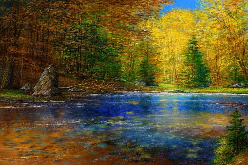 Autumn Forest Lake — Blue, Serene, Painting, Trees