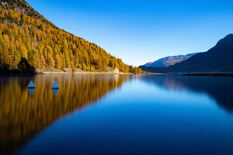 Autumn Forest Lake — Blue, Serene, Photograph, Mountain, Buoy