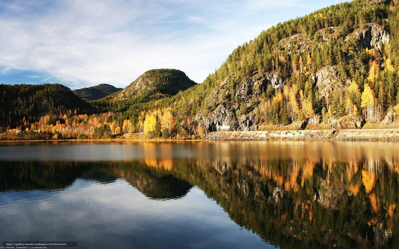 Autumn Forest Lake — Blue, Serene, Photograph, Mountain, Trees, Road