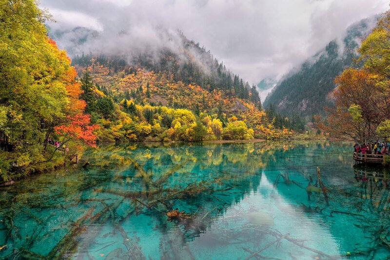 Autumn Forest Lake — Blue, Serene, Photograph, Mountains, Trees, People
