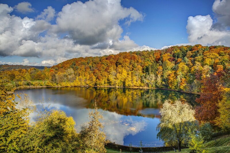 Autumn Forest Lake — Blue, Serene, Photograph, Trees, Clouds, Reflection