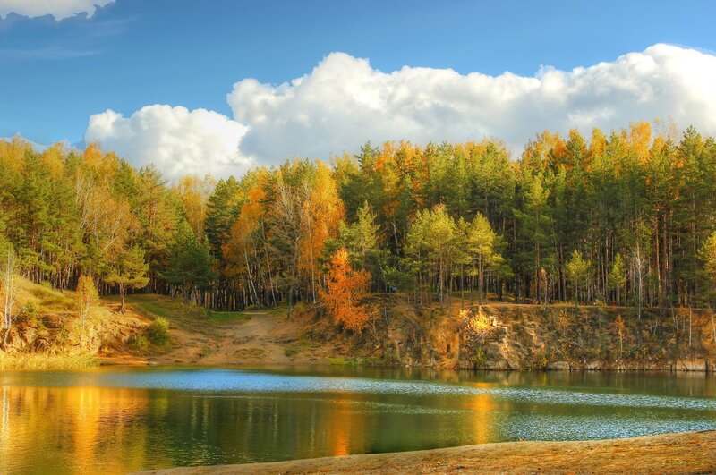 Autumn Forest Lake — Blue, Serene, Photograph, Trees, Clouds, River