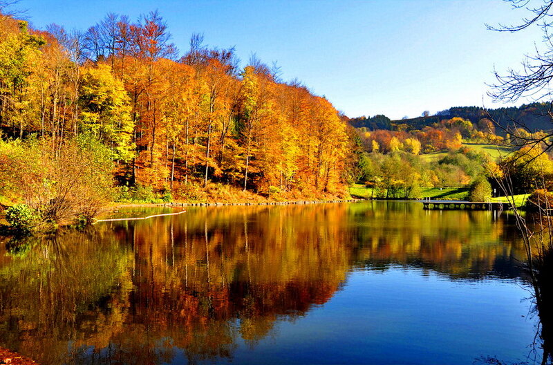 Autumn Forest Lake — Blue, Serene, Photograph, Trees, Dock