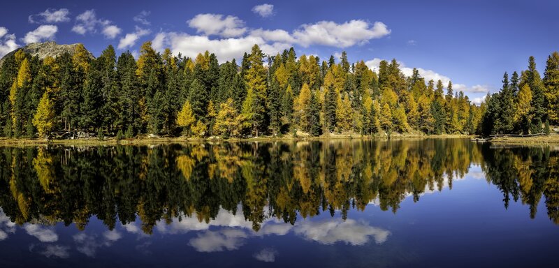 Autumn Forest Lake — Blue, Serene, Photograph, Trees, Mountain, Clouds