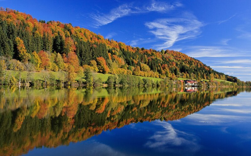 Autumn Forest Lake — Blue, Serene, Photograph, Trees, Mountain, House, Sky