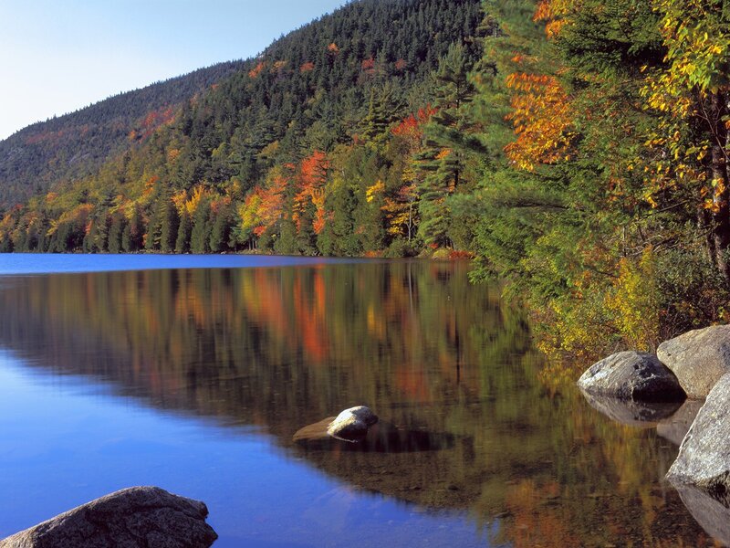Autumn Forest Lake — Blue, Serene, Photograph, Trees, Mountain, Rocks, Reflection, Green