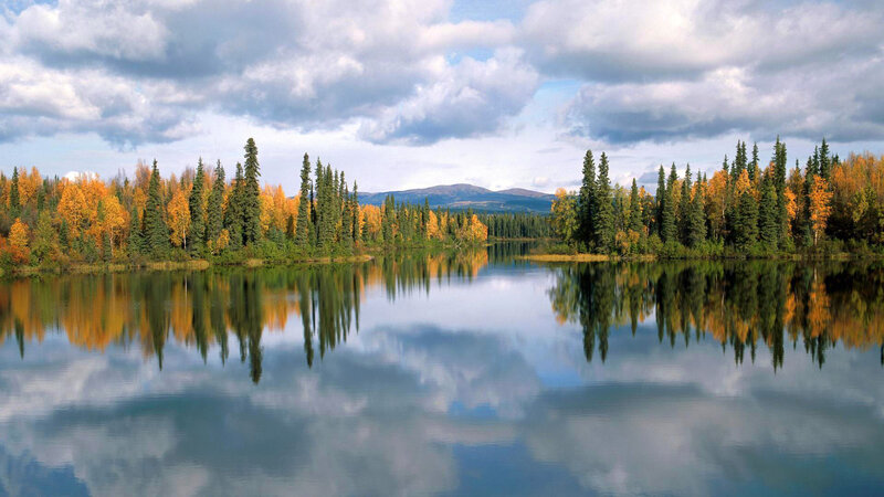 Autumn Forest Lake — Blue, Serene, Photograph, Trees, Mountains, Clouds