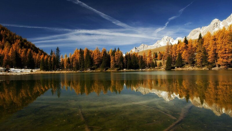 Autumn Forest Lake — Blue, Serene, Photograph, Trees, Mountains, Reflection