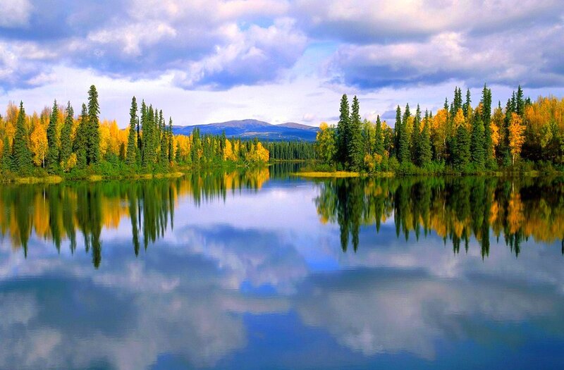 Autumn Forest Lake — Blue, Serene, Photograph, Trees, Mountains, Sky, Green