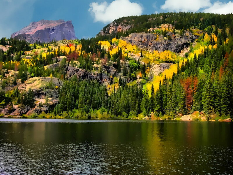 Autumn Forest Lake — Green, Serene, Digital Art