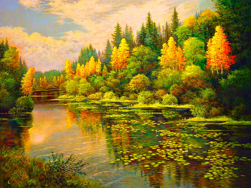 Autumn Forest Lake — Green, Serene, Painting, Trees, Lily Pads