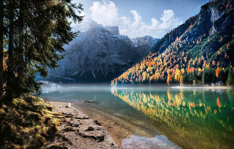 Autumn Forest Lake — Green, Serene, Photograph, Mountain, Trees, Reflection