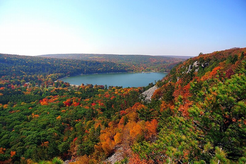 Autumn Forest Lake — Green, Serene, Photograph, Trees, Hills, Sky