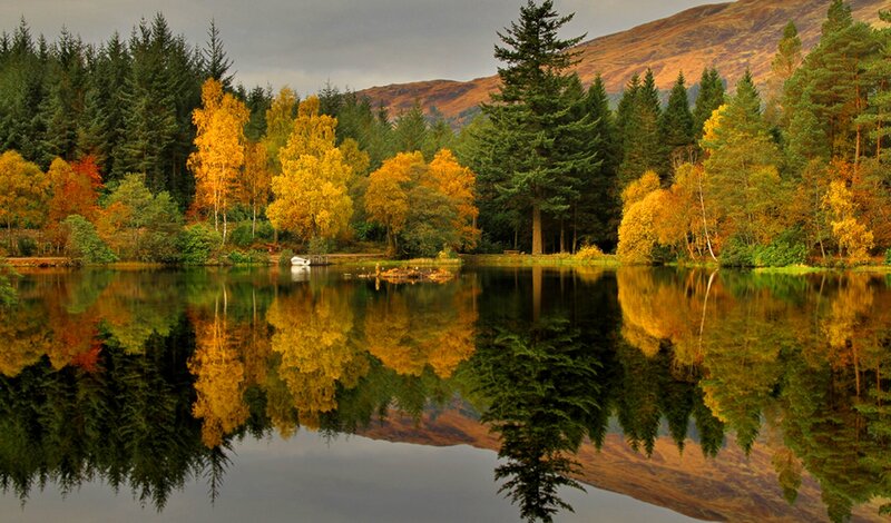 Autumn Forest Lake — Green, Serene, Photograph, Trees, Mountain, Boat