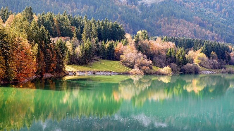 Autumn Forest Lake — Green, Serene, Photograph, Trees, Mountain, Reflection, Blue, Orange