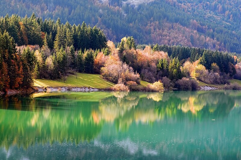 Autumn Forest Lake — Green, Serene, Photograph, Trees, Mountain, Reflection